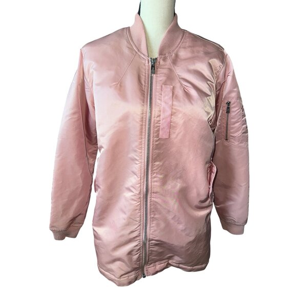 SOHO BABE Bomber Jacket Pink Longline Bomber Ribbed Collar & Cuffs Pockets Large - Picture 1 of 8